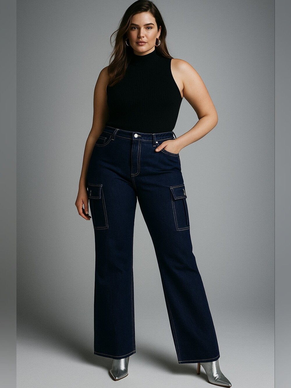 NWT TJL Collection Tall Girl Denim High-Rise Cargo Jeans Dark Wash - Sz 2XL